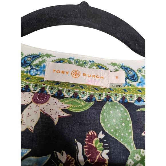 Tory Burch 8 Floral Embellished Tunic Beaded Coastal Blue Boho Classic Paisley - Picture 4 of 4